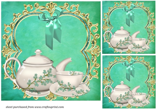 3 Green tea set card fronts/toppers