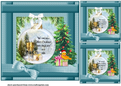 3 Blue Christmas bauble card fronts/toppers 1
