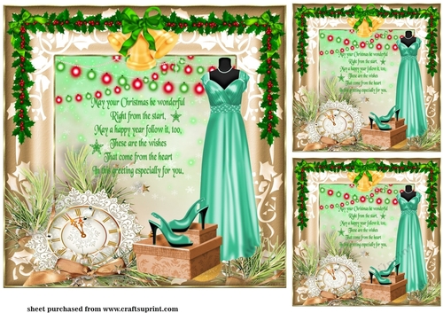 3 Green Christmas party dress card fronts/toppers