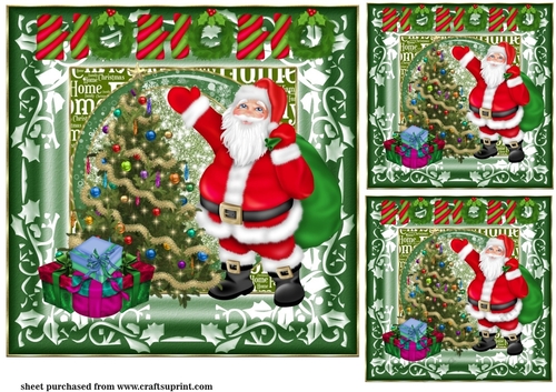 3 Green Santa Christmas card fronts/toppers