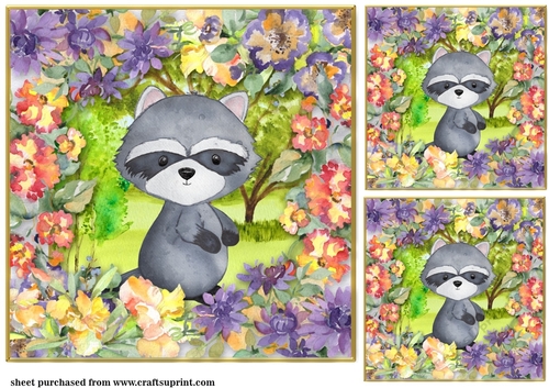 3 Multi floral raccoon card fronts/toppers