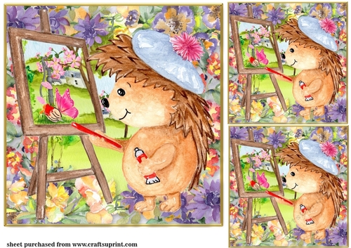 3 Artist hedgehog painting in the woods card fronts/toppers