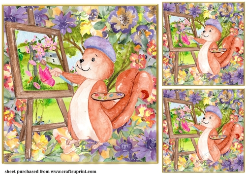 3 Artist squirrel painting in the woods card fronts/toppers