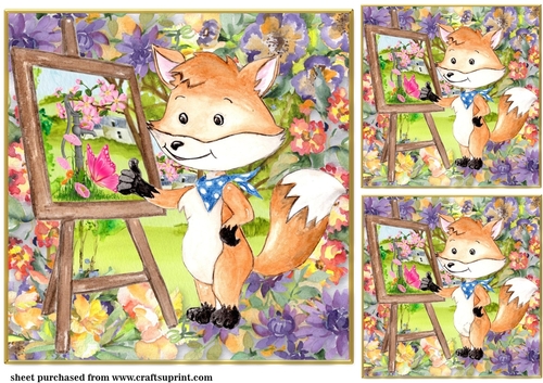 3 Artist fox painting in the woods card fronts/toppers