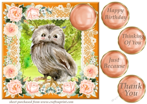 Peach floral owl card front