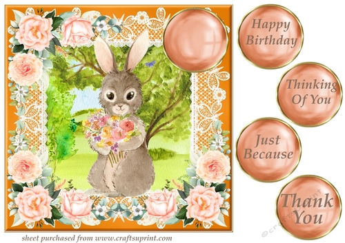 Peach floral rabbit card front