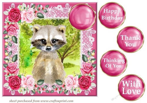 Pink cute raccoon card front