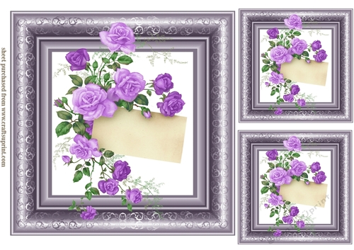 3 Lilac framed roses card fronts/toppers
