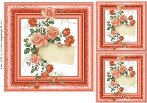 3 Peach framed roses card fronts/toppers