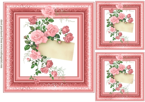 3 Pink framed roses card fronts/toppers 2