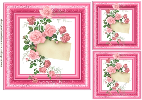3 Pink framed roses card fronts/toppers 