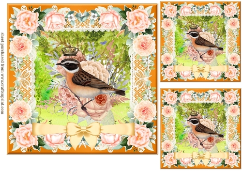 3 Peach floral bird card fronts/toppers