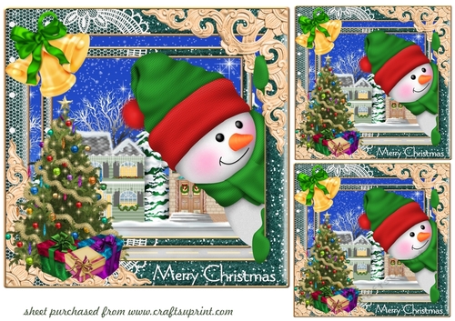 3 Green Merry Christmas snowman card fronts/toppers