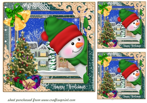 3 Green Happy Holidays snowman card fronts/toppers