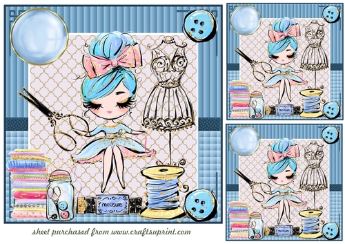 3 Blue seamstress card fronts/toppers