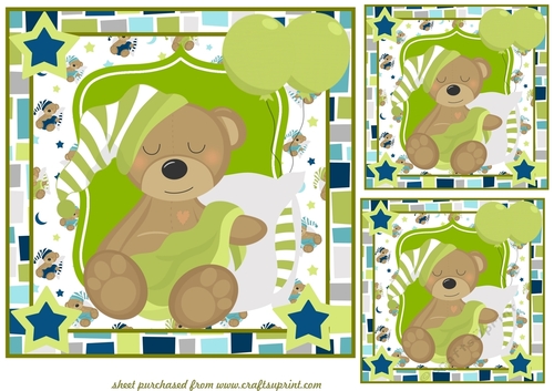 3 Green baby bear card fronts/toppers