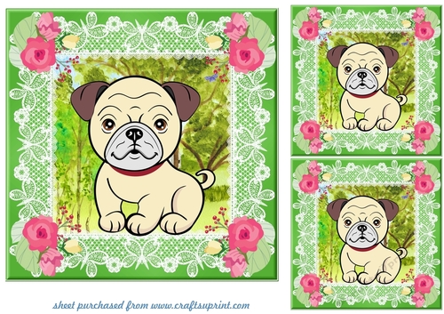 3 Floral Pug card fronts/toppers 