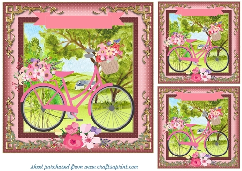 3 Pink floral bicycle card fronts/toppers