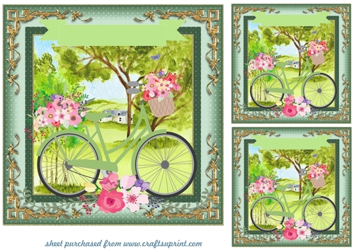 3 Green floral bicycle card fronts/toppers