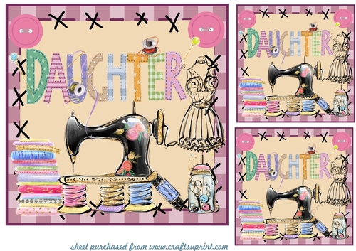 3 Daughter sewing themed card fronts/toppers