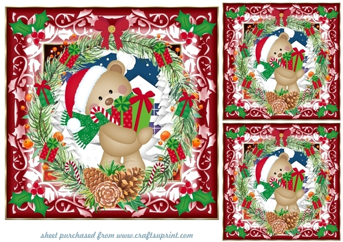 3 Christmas present bear card fronts/topppers
