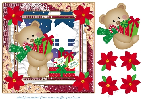 Bear with Christmas presents card front 2