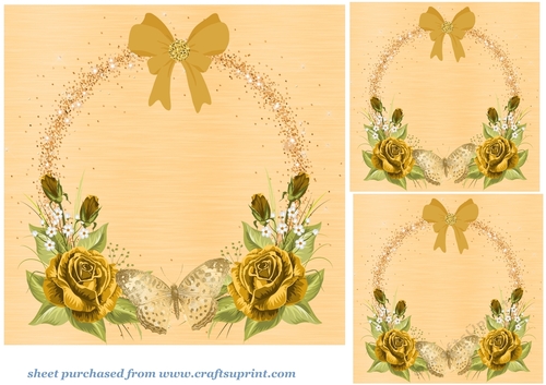 3 Gold rose and butterfly card fronts/toppers