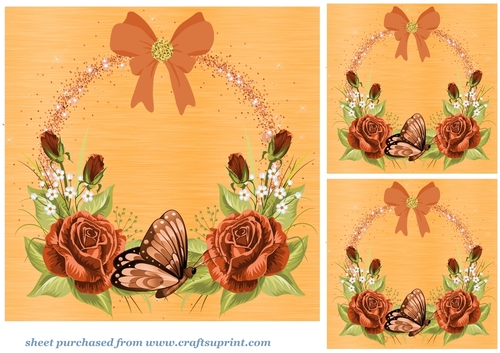 3 Orange  rose and butterfly card fronts/toppers