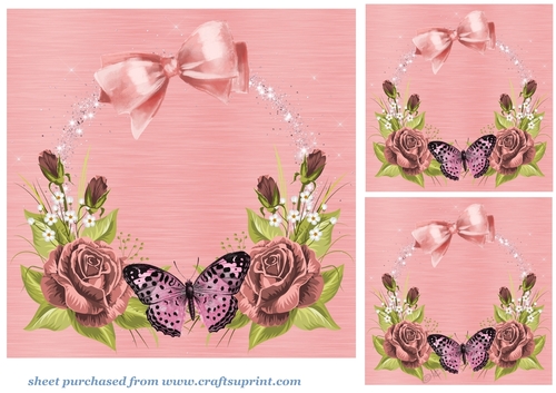 3 Pinks rose and butterfly card fronts/toppers