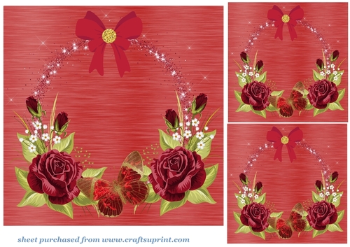 3 Red rose and butterfly card fronts/toppers