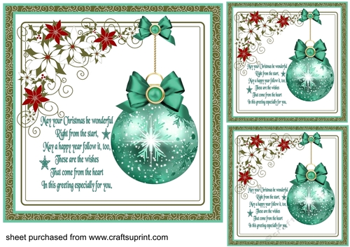 3 Teal Christmas bauble sentiment card fronts/toppers