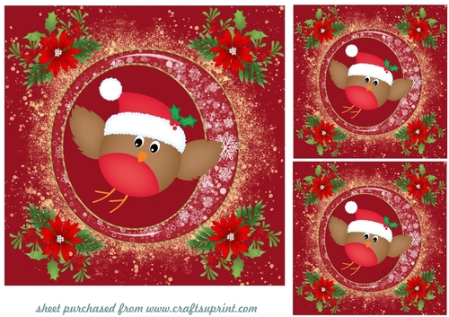 3 Red and gold Christmas robin card fronts/toppers