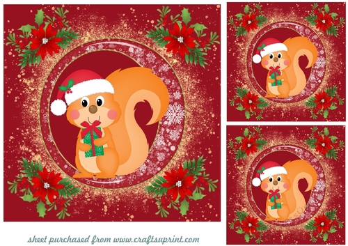 3 Red and gold Christmas squirrel card fronts/toppers