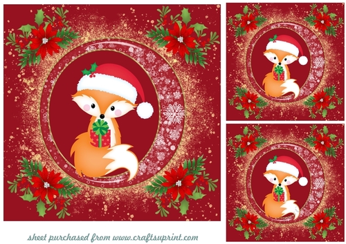 3 Red and gold Christmas fox card fronts/toppers
