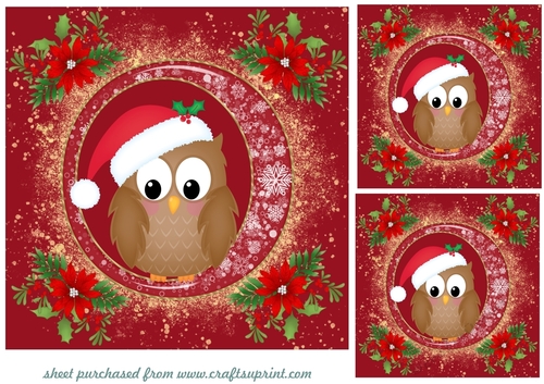 3 Red and gold Christmas owl card fronts/toppers