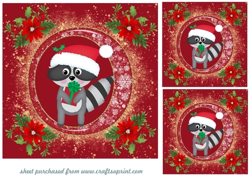 3 Red and gold Christmas raccoon card fronts/toppers