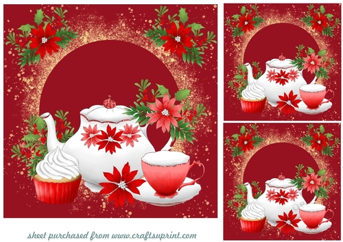 3 Red Christmas tea set card fronts/toppers 1