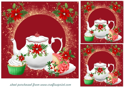 3 Red Christmas tea set card fronts/toppers 2