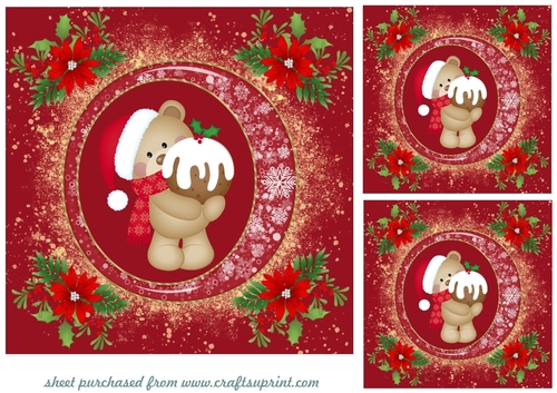 3 Red little Christmas ted card fronts/toppers 1