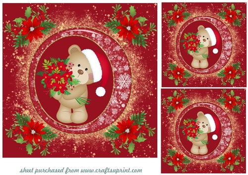 3 Red little Christmas ted card fronts/toppers 3