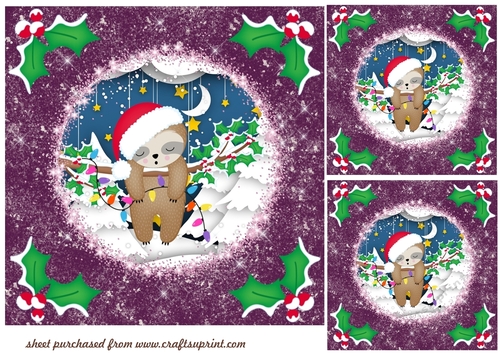 3 Purple Christmas sloth card fronts/toppers 1
