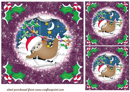 3 Purple Christmas sloth card fronts/toppers 2