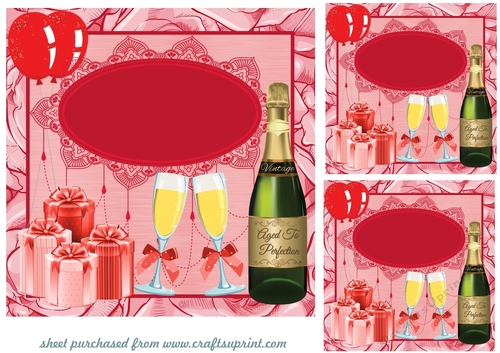 3 Red Champagne and presents card fronts/toppers