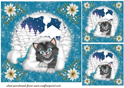 3 Blue Christmas cat in a hat card fronts/toppers