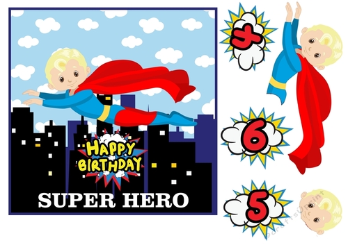 Age 4/5/6 Blonde haired super hero Birthday card front