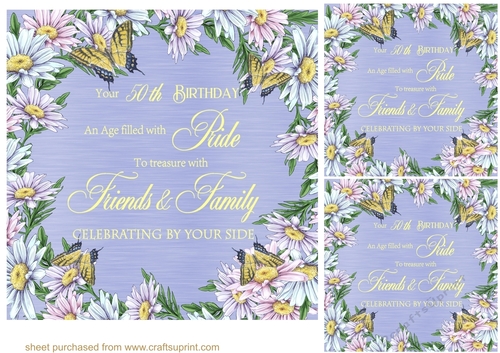 3 Butterfly and daisy 50th Birthday card fronts/toppers
