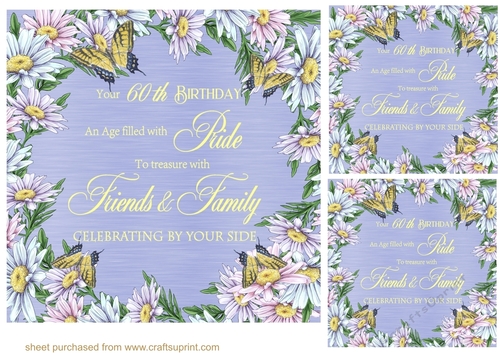 3 Butterfly and daisy 60th Birthday card fronts/toppers