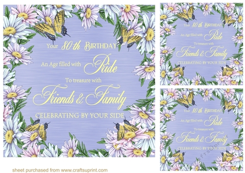 3 Butterfly and daisy 80th Birthday card fronts/toppers