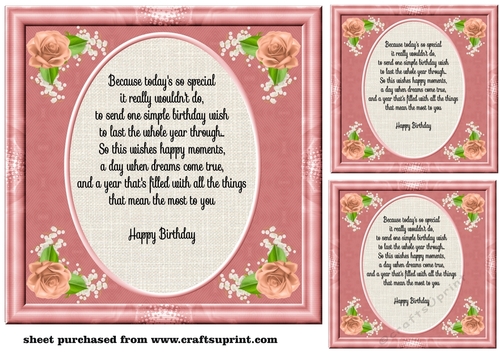 3 Rose corner Birthday verse card fronts/toppers 