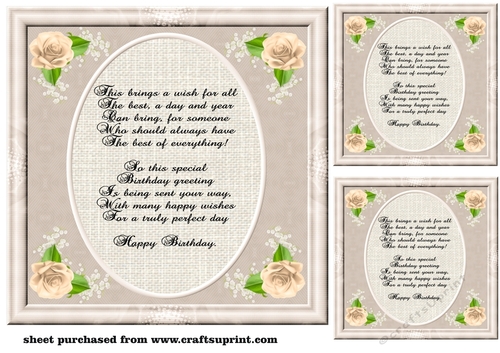 3 Rose corner Birthday verse card fronts/toppers 1